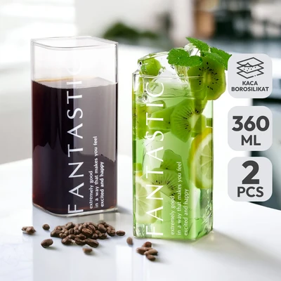 Gambar Delicia Lokie Gelas Borosilikat Square 360 ml Set 2 pcs Transparan
