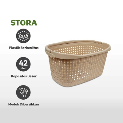 Gambar Stora 60x38.5x27 Cm Keranjang Laundry Woven Dengan Handle - Krem