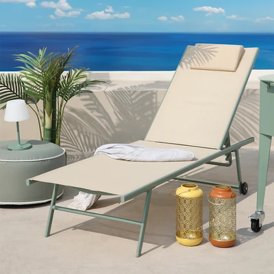 Gambar Soleil Kursi Pantai Fabric 5 Posisi Dengan Bantal & Roda - Putih Ivory