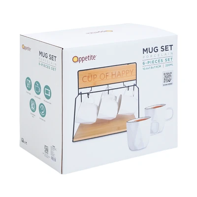 Gambar Appetite Minori Mug Porcelain Dengan Rak 220 ml Set 6 pcs - Putih