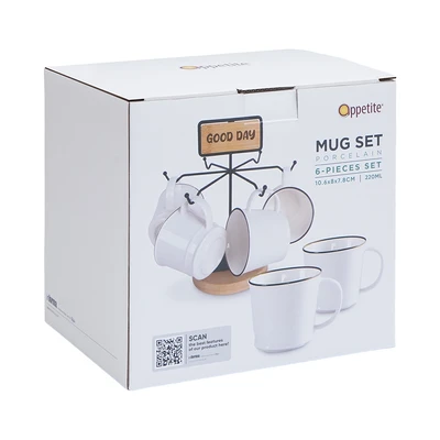 Gambar Appetite Maimi Mug Porcelain Dengan Rak 220 ml Set 6 pcs - Putih
