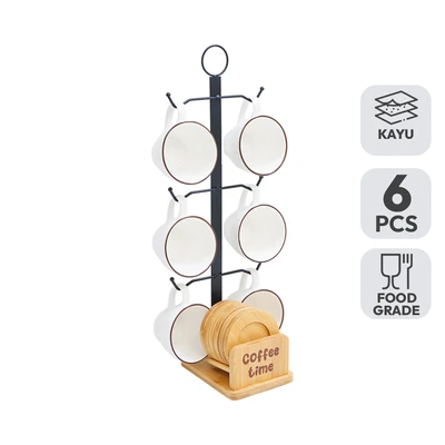 Gambar Appetite Miyo Cangkir Porcelain & Saucer Dengan Rak 220 ml Set 6 pcs - Putih