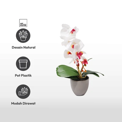 Gambar Arthome Bunga Artifisial Orchid 1 Stem Dengan Pot - Putih/krem