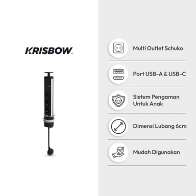 Gambar Krisbow Stop Kontak Tanam Meja Ekstensi 3 Soket Dengan USB-A & USB-C