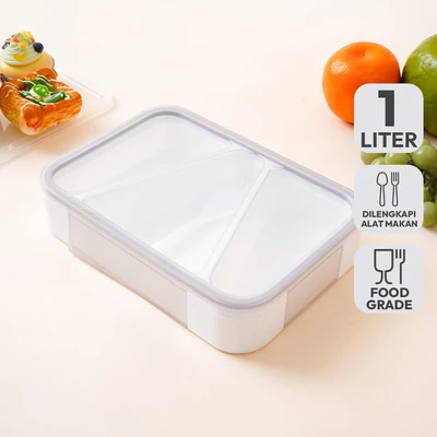 Gambar Ataru Kotak Makan Plastik 3 Sekat Rectangle 1 Liter - Putih/Abu-Abu