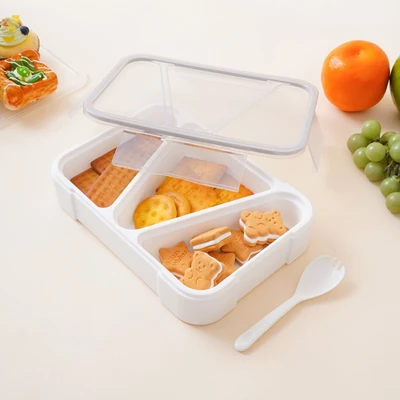 Gambar Ataru Kotak Makan Plastik 3 Sekat Rectangle 1 Liter - Putih/Abu-Abu