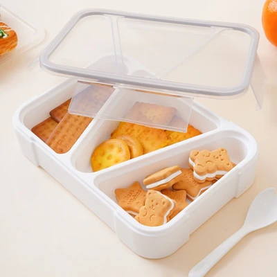 Gambar Ataru Kotak Makan Plastik 3 Sekat Rectangle 1 Liter - Putih/Abu-Abu