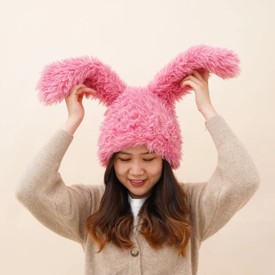 Gambar Ataru Topi Beanie Bunny Long Ears Fur - Pink
