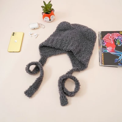 Gambar Ataru Topi Beanie Knit Bear Dengan Strap - Abu-Abu