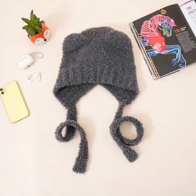 Gambar Ataru Topi Beanie Knit Bear Dengan Strap - Abu-Abu