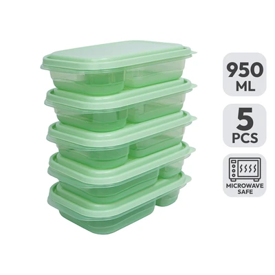 Gambar Picas Milly Wadah Makanan 2 Sekat Rectangle 950 ml Set 5 pcs - Hijau Sage