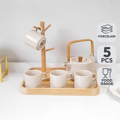 Gambar Appetite Shalby Teko & Cangkir Porcelain Dengan Nampan Set 5 Pcs - Cokelat