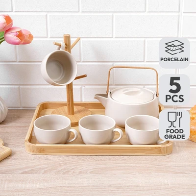 Gambar Appetite Shalvy Teko & Cangkir Porcelain Dengan Nampan Set 5 Pcs - Cokelat