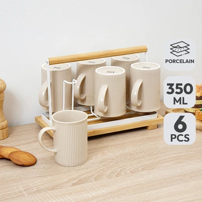 Gambar Appetite Menthis Mug Porcelain Dengan Rak 350 ml Set 6 pcs - Cokelat