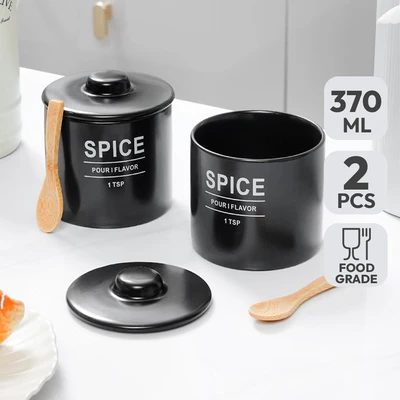 Gambar Appetite Naevi Tempat Bumbu Dapur Keramik Dengan Sendok 370 ml Set 2 Pcs - Hitam