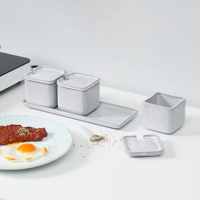 Gambar Appetite Elio Tempat Bumbu Dapur Keramik Dengan Nampan Square Set 3 Pcs - Putih