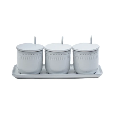 Gambar Appetite Elio Tempat Bumbu Dapur Keramik Dengan Nampan Round Set 3 Pcs - Putih