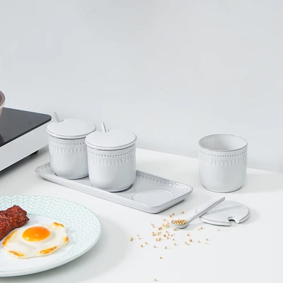 Gambar Appetite Elio Tempat Bumbu Dapur Keramik Dengan Nampan Round Set 3 Pcs - Putih