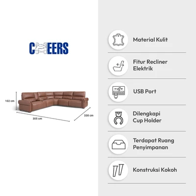Gambar Cheers Madeira Sofa L Sectional Recliner Kulit - Cokelat
