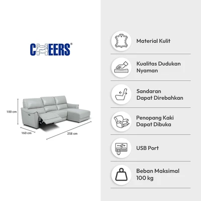 Gambar Cheers Malta Sofa L Sectional Recliner Kulit Kanan - Abu-Abu