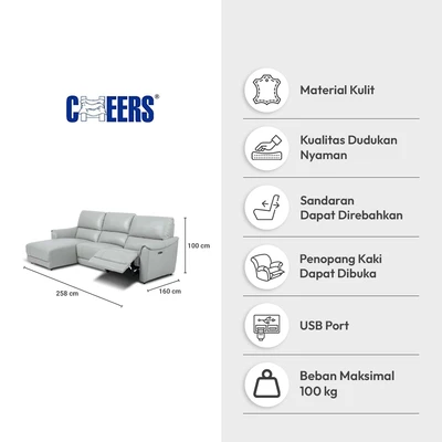 Gambar Cheers Malta Sofa L Sectional Recliner Kulit Kiri - Abu-Abu