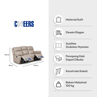 Gambar Cheers Mario Sofa Recliner Kulit 3 Seater - Cokelat Latte