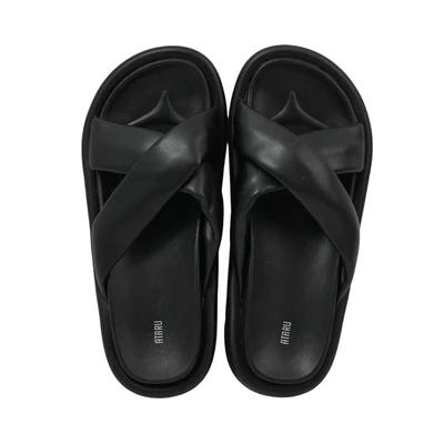 Gambar Ataru Ukuran 38 Sandal Wanita Slide PU Cross Strap - Hitam