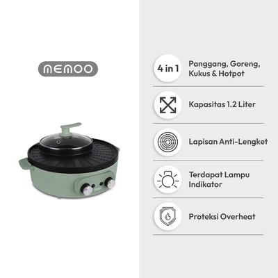 Gambar Memoo Hotpot Steam Grill Fryer 1.2 Liter 4 In 1 600 Watt - Hijau