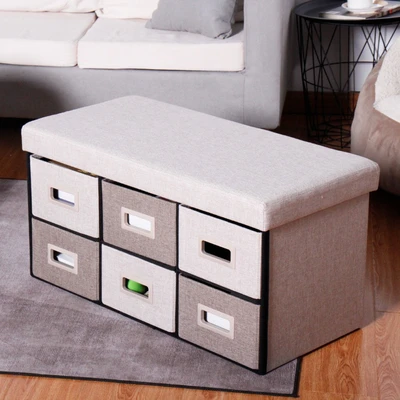 Gambar Stora Bangku Ottoman Lipat Fabric Dengan 6 Laci - Krem Beige
