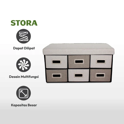 Gambar Stora Bangku Ottoman Lipat Fabric Dengan 6 Laci - Krem Beige