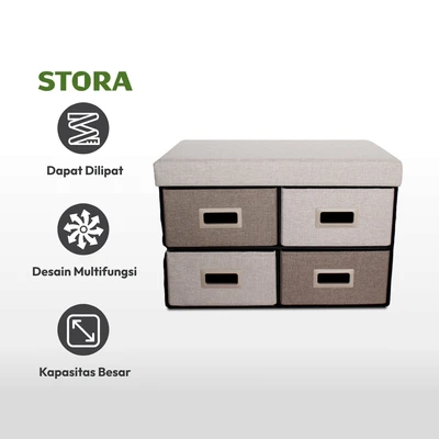 Gambar Stora Bangku Ottoman Lipat Fabric Dengan 4 Laci - Krem Beige