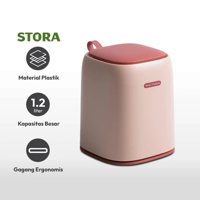 Gambar Stora Tempat Sampah Meja Tutup Tekan Plastik Mini 1.2 Liter - Pink
