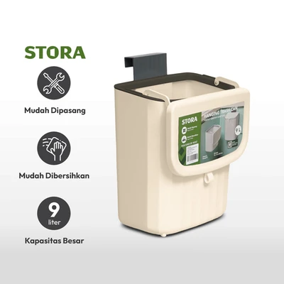 Gambar Stora Tempat Sampah Gantung Tutup Angkat Plastik Dengan Hook 9 Liter - Krem Beige