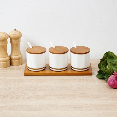 Gambar Appetite Jerim Tempat Bumbu Dapur Porcelain Dengan Nampan Set 3 Pcs - Putih