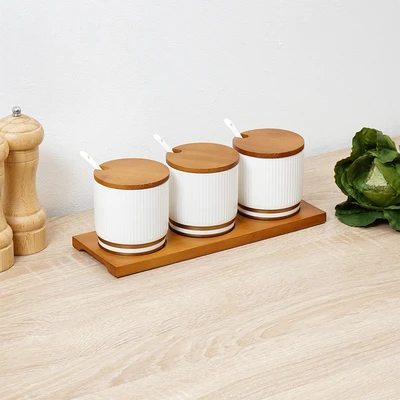 Gambar Appetite Jerim Tempat Bumbu Dapur Porcelain Dengan Nampan Set 3 Pcs - Putih