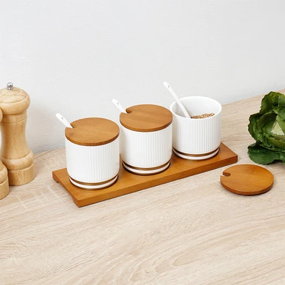 Gambar Appetite Jerim Tempat Bumbu Dapur Porcelain Dengan Nampan Set 3 Pcs - Putih