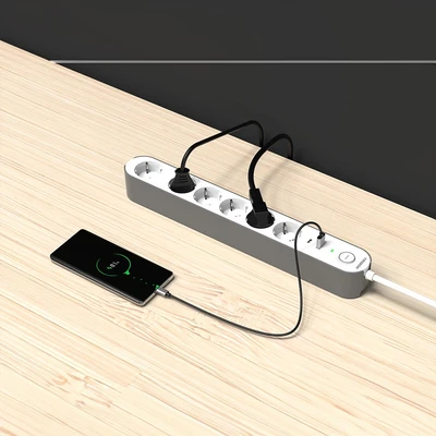 Gambar Krisbow Stop Kontak Ekstensi 6 Soket Dengan USB-A & USB-C - Putih/Abu-Abu