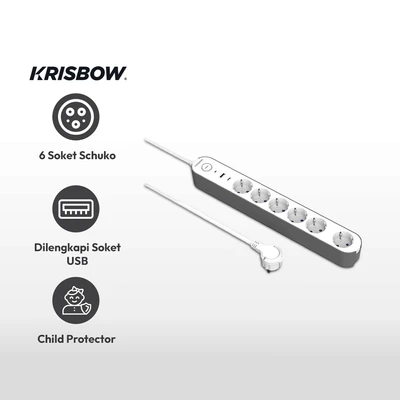 Gambar Krisbow Stop Kontak Ekstensi 6 Soket Dengan USB-A & USB-C - Putih/Abu-Abu