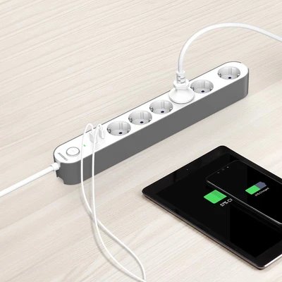 Gambar Krisbow Stop Kontak Ekstensi 6 Soket Dengan USB-A & USB-C - Putih/Abu-Abu