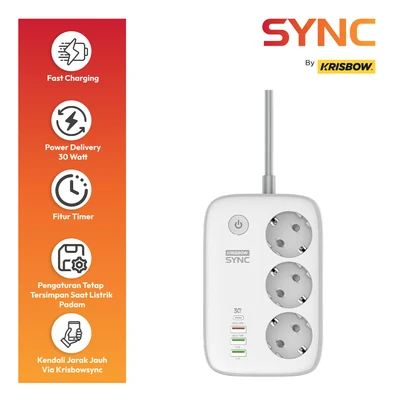 Gambar Krisbow Sync Smart Stop Kontak 3 Soket Ekstensi Dengan USB A & Type C