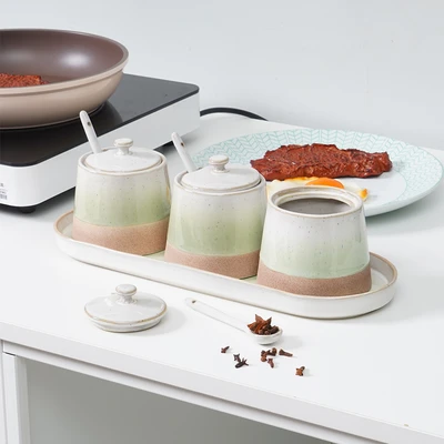 Gambar Appetite Brava Tempat Bumbu Dapur Stoneware Dengan Nampan Set 3 Pcs - Hijau