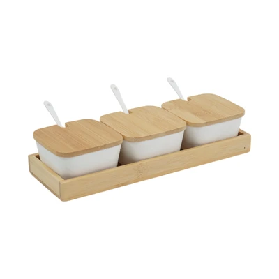 Gambar Delicia Wadah Bumbu Dapur Square Dengan Nampan Set 3 pcs - Putih/Cokelat