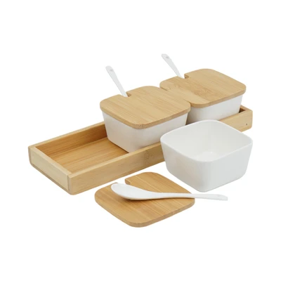 Gambar Delicia Wadah Bumbu Dapur Square Dengan Nampan Set 3 pcs - Putih/Cokelat