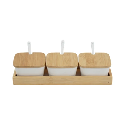 Gambar Delicia Wadah Bumbu Dapur Square Dengan Nampan Set 3 pcs - Putih/Cokelat