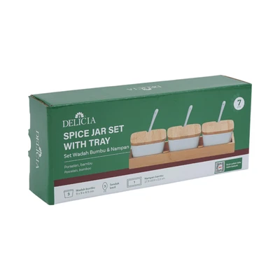 Gambar Delicia Wadah Bumbu Dapur Square Dengan Nampan Set 3 pcs - Putih/Cokelat
