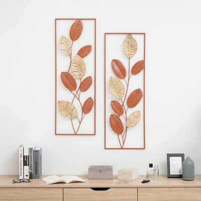 Gambar Informa Hiasan Dinding Multi Leaf Metal & Rotan 31.8x90.8 cm Set 2 Pcs - Mix