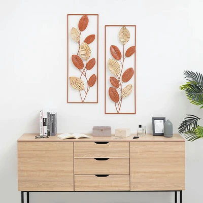 Gambar Informa Hiasan Dinding Multi Leaf Metal & Rotan 31.8x90.8 cm Set 2 Pcs - Mix