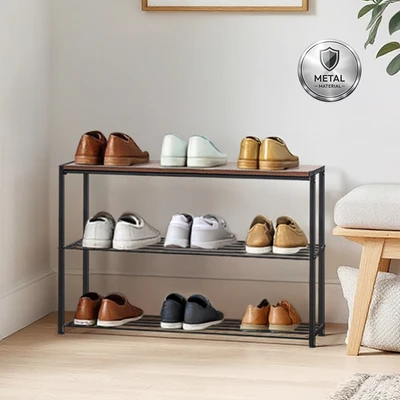 Gambar Selma Nario Rak Sepatu 3 Tingkat - Hitam/Cokelat Kayu