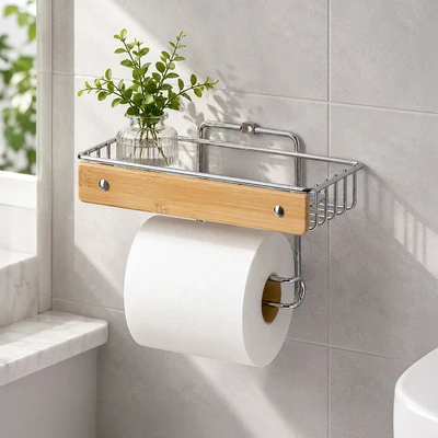 Gambar Stora Rak Dinding Kamar Mandi Dengan Holder Tisu Chrome
