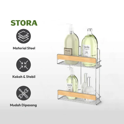 Gambar Stora Rak Sudut Kamar Mandi 2 Tingkat - Cokelat/Chrome
